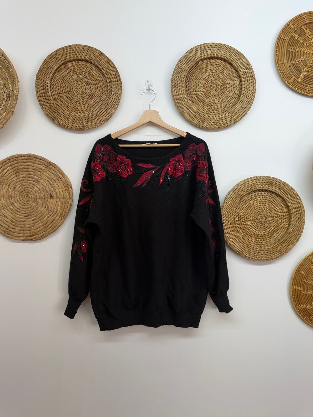Chico's Black Red Beaded Floral Sweater Size 3 / XL